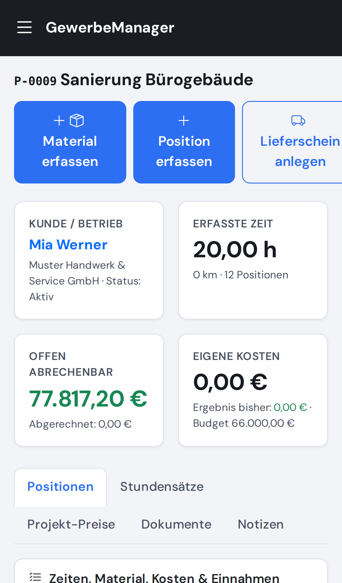 Projektansicht auf dem Smartphone